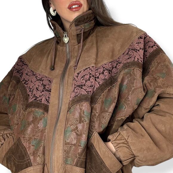 80's WINLIT brown nubuck leather batwing jacket with lace trim and heart zipper - Picture 1 of 16